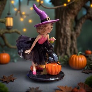 Ghoulish NWT Charming Whimsical Witch Figurine with Black Cat and Pumpkins